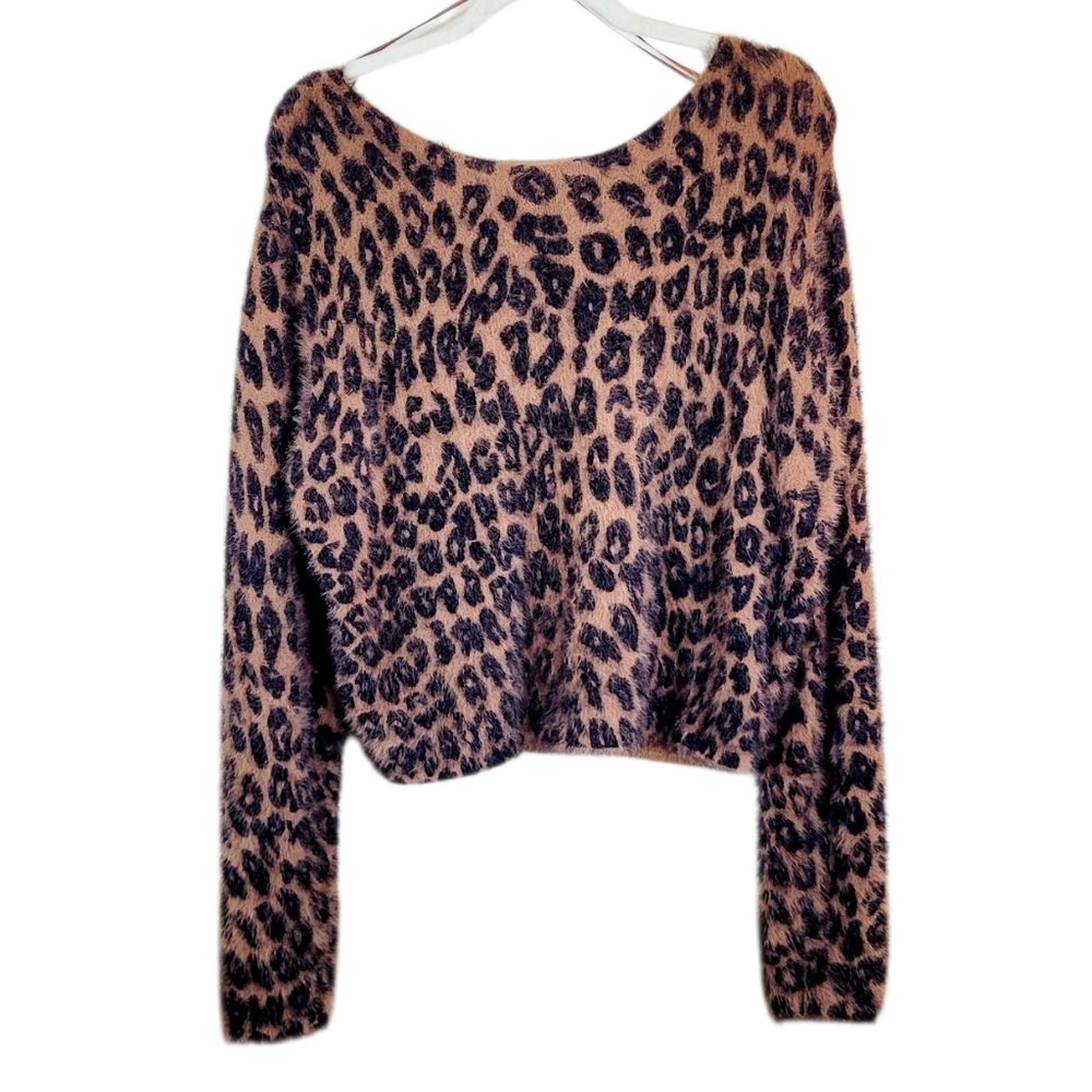 PILCRO x ANTHROPOLOGIE Leopard Print Eyelash Cropped Drapey Sweater Small - Picture 3 of 11
